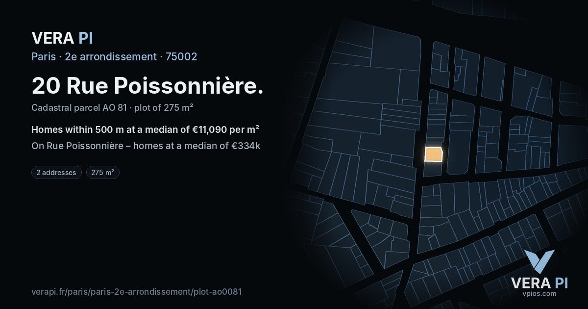 20 Rue Poissonnière, 2e arrondissement at night – the plot lit, the parcels around coloured by the prices near them