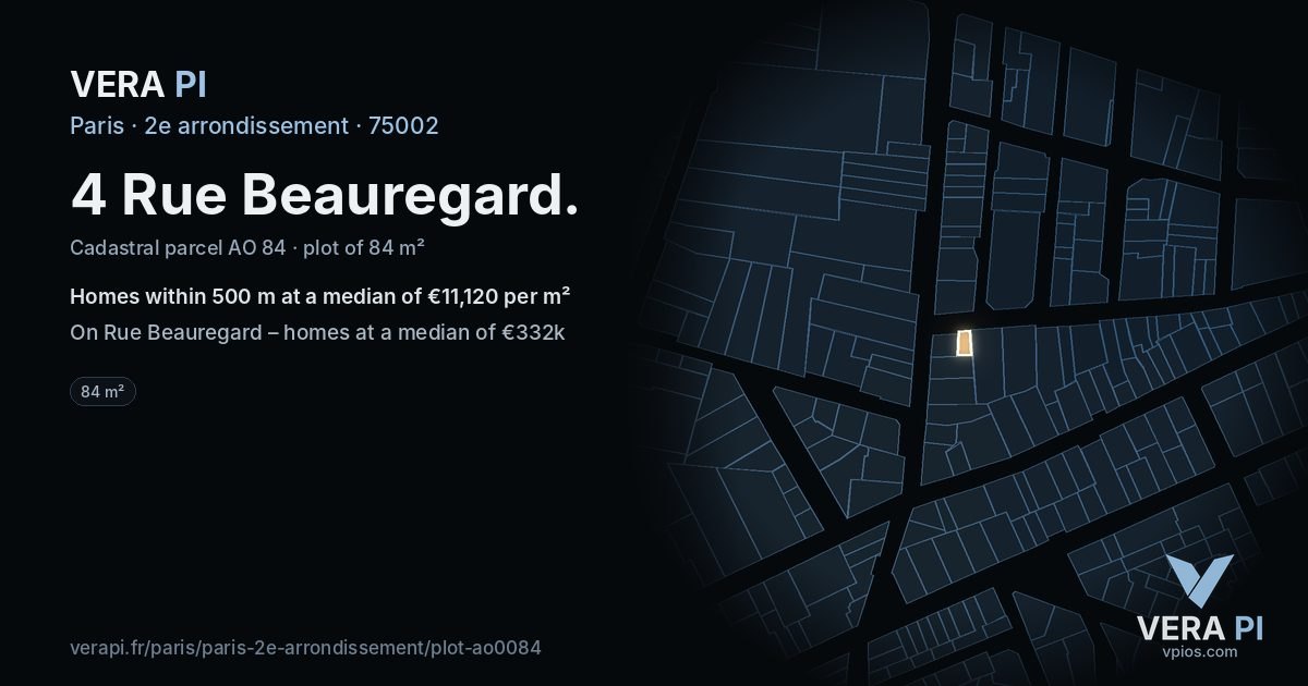 4 Rue Beauregard, 2e arrondissement at night – the plot lit, the parcels around coloured by the prices near them