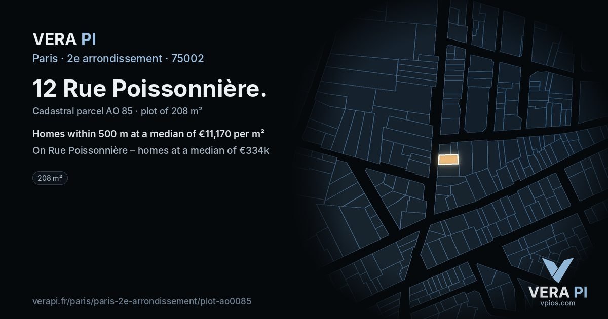 12 Rue Poissonnière, 2e arrondissement at night – the plot lit, the parcels around coloured by the prices near them