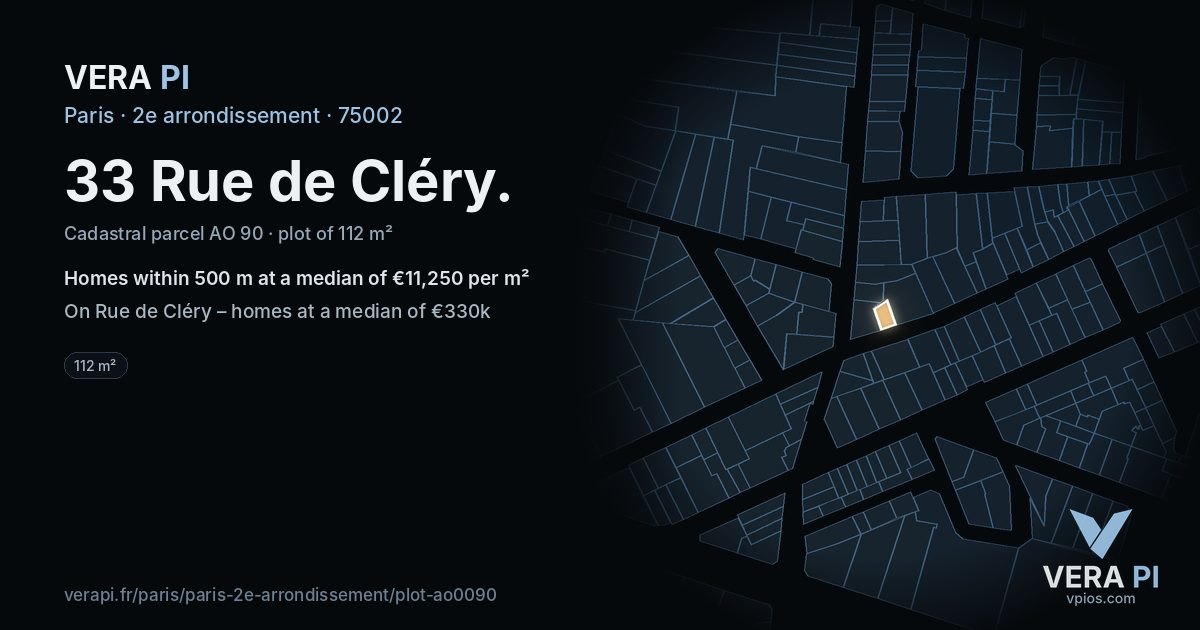 33 Rue de Cléry, 2e arrondissement at night – the plot lit, the parcels around coloured by the prices near them