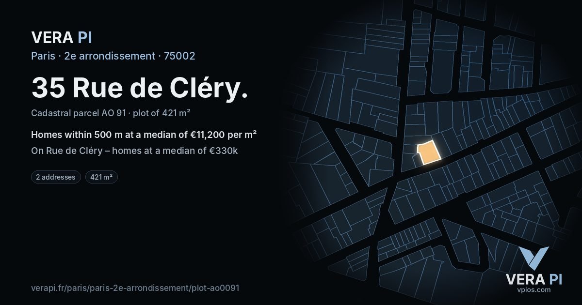 35 Rue de Cléry, 2e arrondissement at night – the plot lit, the parcels around coloured by the prices near them