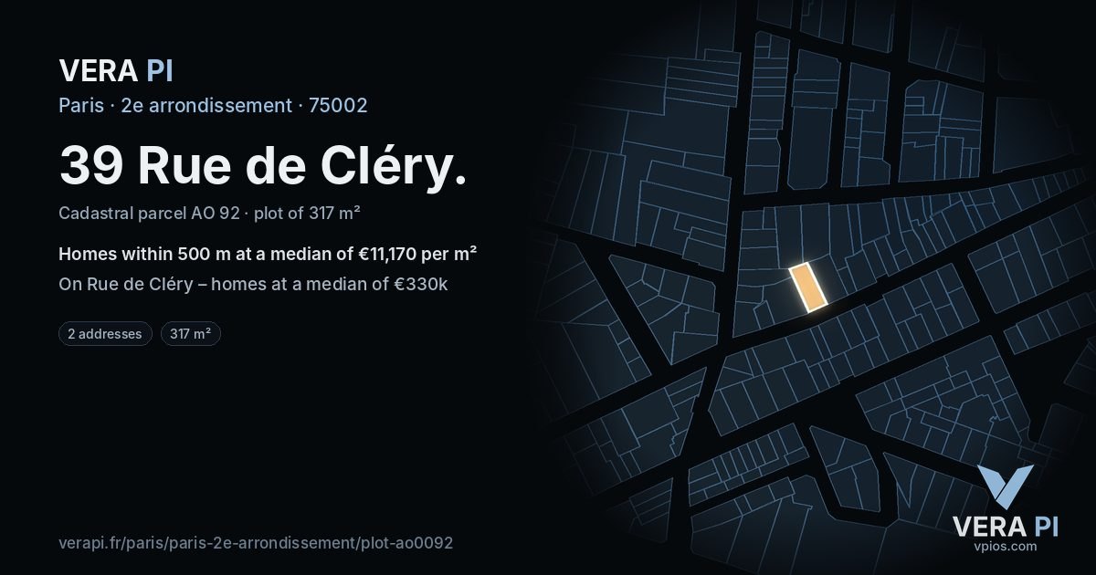 39 Rue de Cléry, 2e arrondissement at night – the plot lit, the parcels around coloured by the prices near them