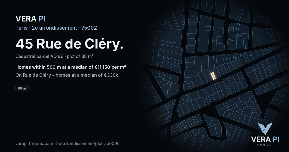 45 Rue de Cléry, 2e arrondissement at night – the plot lit, the parcels around coloured by the prices near them