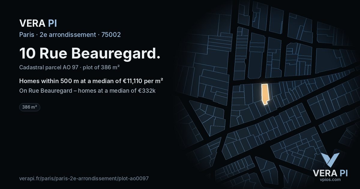10 Rue Beauregard, 2e arrondissement at night – the plot lit, the parcels around coloured by the prices near them