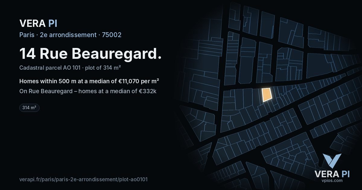 14 Rue Beauregard, 2e arrondissement at night – the plot lit, the parcels around coloured by the prices near them