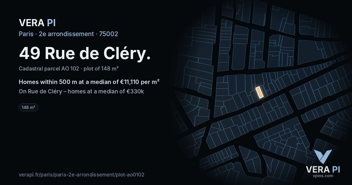 49 Rue de Cléry, 2e arrondissement at night – the plot lit, the parcels around coloured by the prices near them