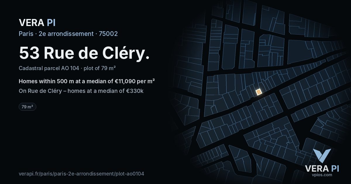 53 Rue de Cléry, 2e arrondissement at night – the plot lit, the parcels around coloured by the prices near them