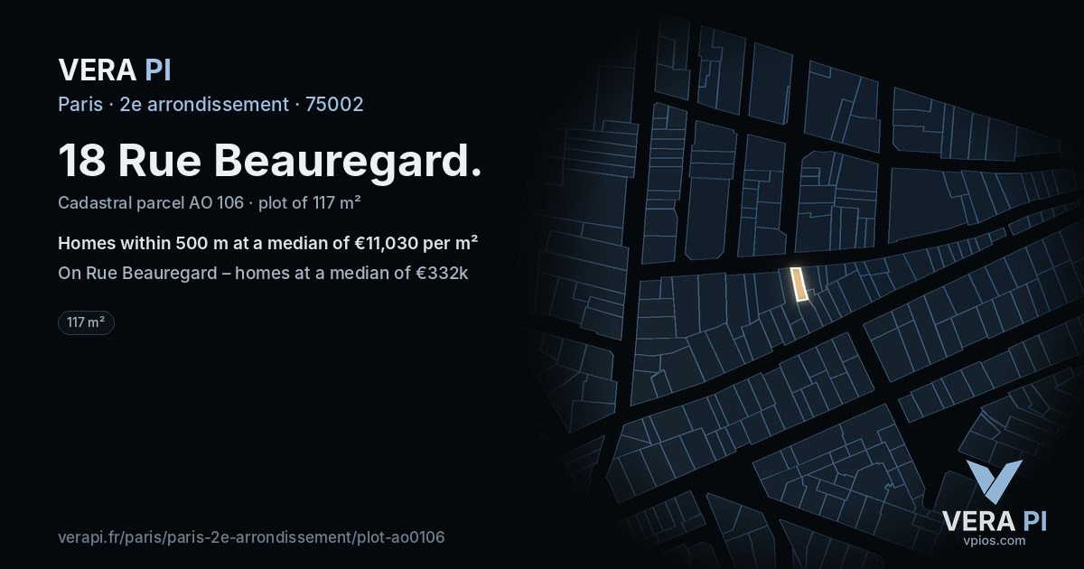 18 Rue Beauregard, 2e arrondissement at night – the plot lit, the parcels around coloured by the prices near them