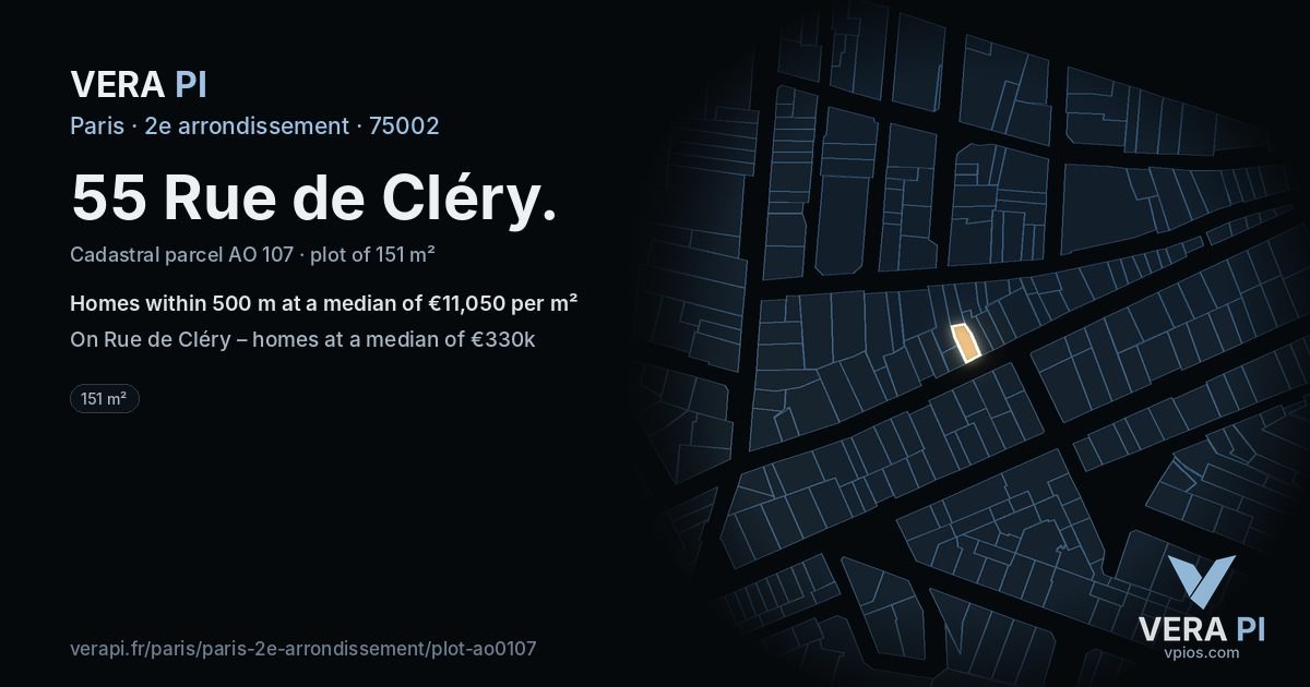 55 Rue de Cléry, 2e arrondissement at night – the plot lit, the parcels around coloured by the prices near them