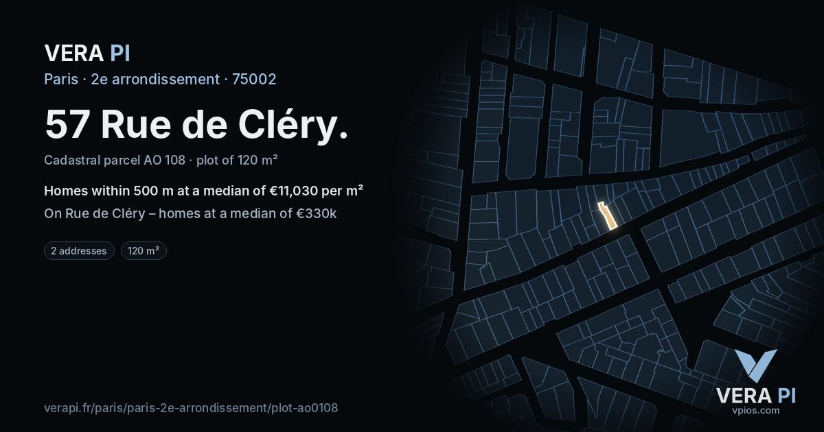 57 Rue de Cléry, 2e arrondissement at night – the plot lit, the parcels around coloured by the prices near them