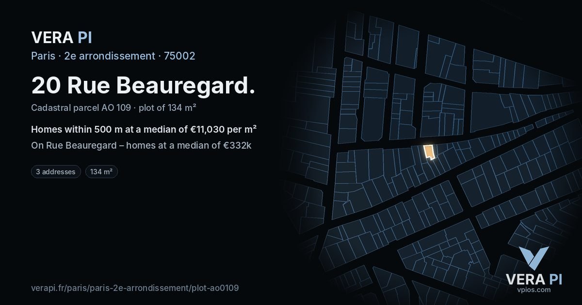 20 Rue Beauregard, 2e arrondissement at night – the plot lit, the parcels around coloured by the prices near them