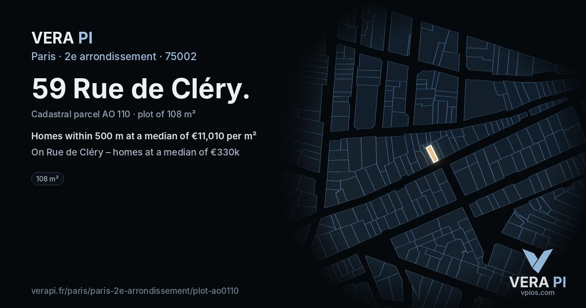59 Rue de Cléry, 2e arrondissement at night – the plot lit, the parcels around coloured by the prices near them