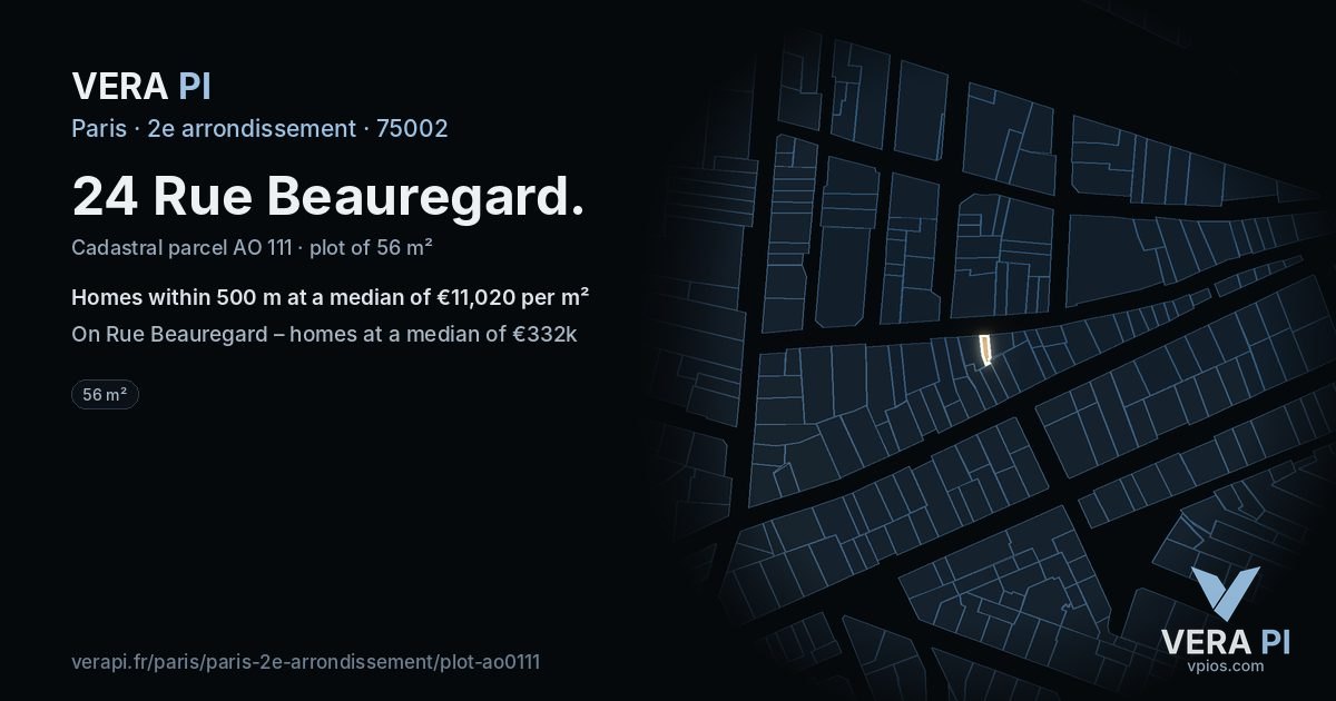 24 Rue Beauregard, 2e arrondissement at night – the plot lit, the parcels around coloured by the prices near them