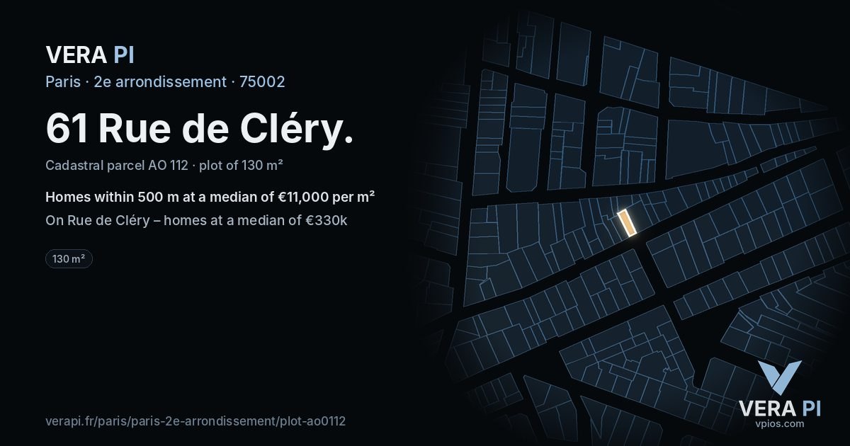 61 Rue de Cléry, 2e arrondissement at night – the plot lit, the parcels around coloured by the prices near them
