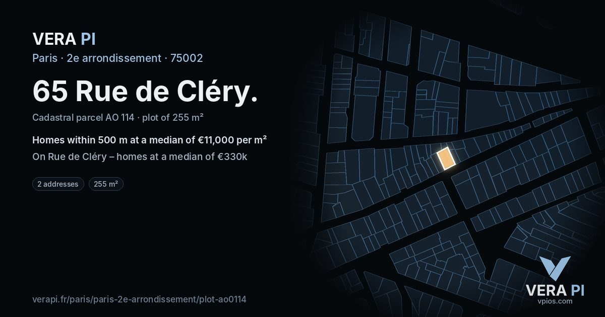 65 Rue de Cléry, 2e arrondissement at night – the plot lit, the parcels around coloured by the prices near them