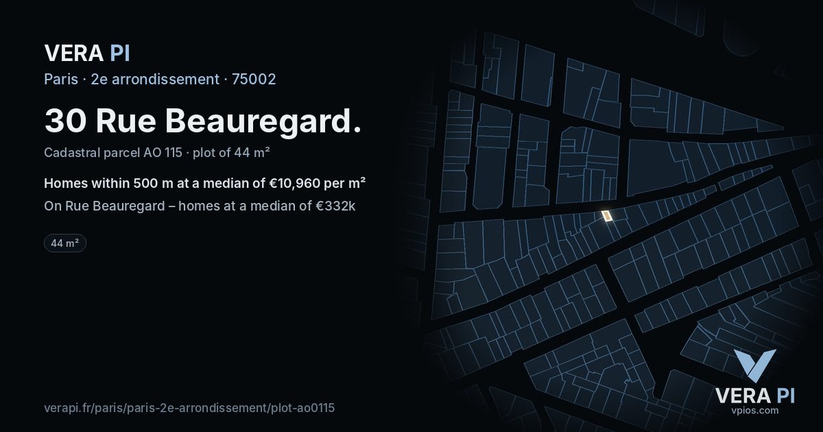 30 Rue Beauregard, 2e arrondissement at night – the plot lit, the parcels around coloured by the prices near them
