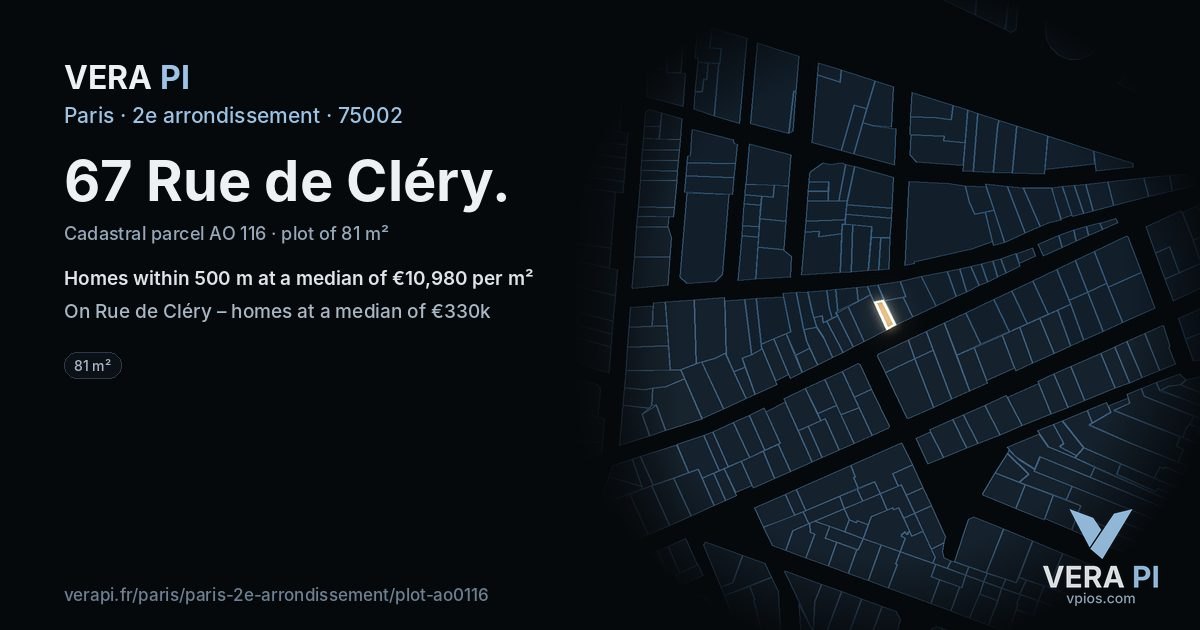 67 Rue de Cléry, 2e arrondissement at night – the plot lit, the parcels around coloured by the prices near them