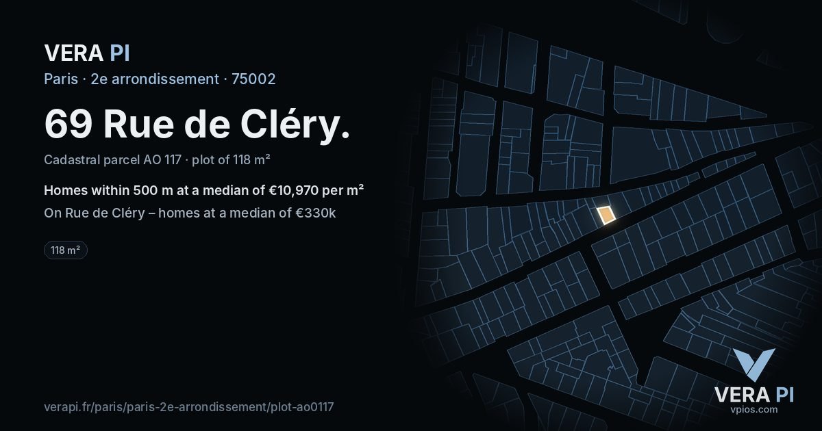 69 Rue de Cléry, 2e arrondissement at night – the plot lit, the parcels around coloured by the prices near them