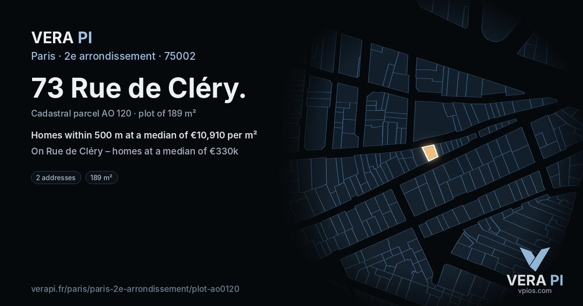 73 Rue de Cléry, 2e arrondissement at night – the plot lit, the parcels around coloured by the prices near them