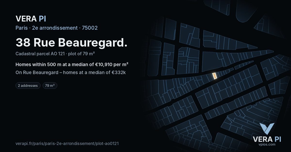 38 Rue Beauregard, 2e arrondissement at night – the plot lit, the parcels around coloured by the prices near them