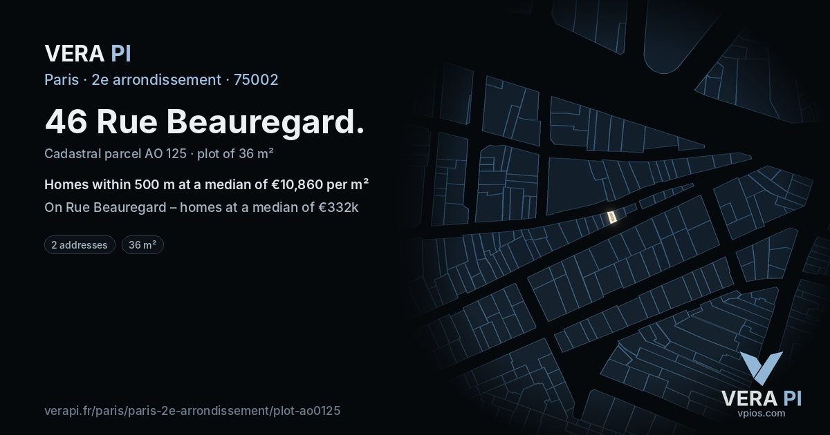 46 Rue Beauregard, 2e arrondissement at night – the plot lit, the parcels around coloured by the prices near them