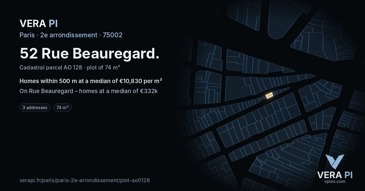 52 Rue Beauregard, 2e arrondissement at night – the plot lit, the parcels around coloured by the prices near them