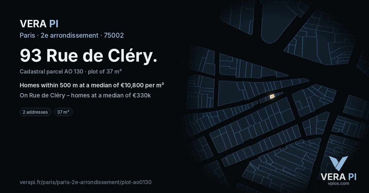 93 Rue de Cléry, 2e arrondissement at night – the plot lit, the parcels around coloured by the prices near them