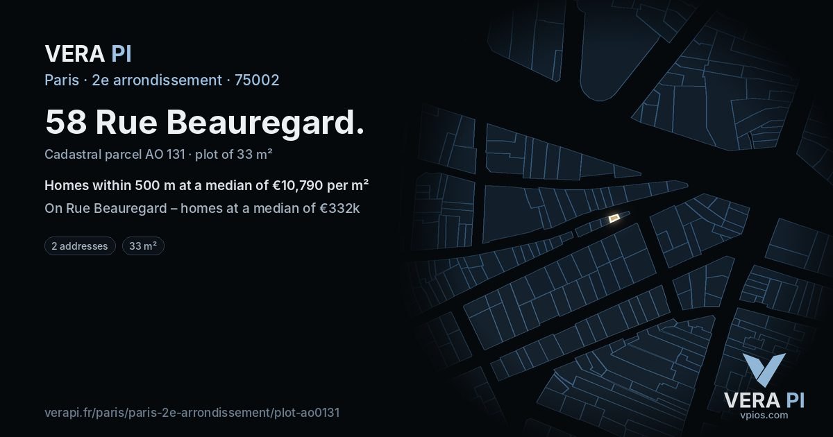 58 Rue Beauregard, 2e arrondissement at night – the plot lit, the parcels around coloured by the prices near them