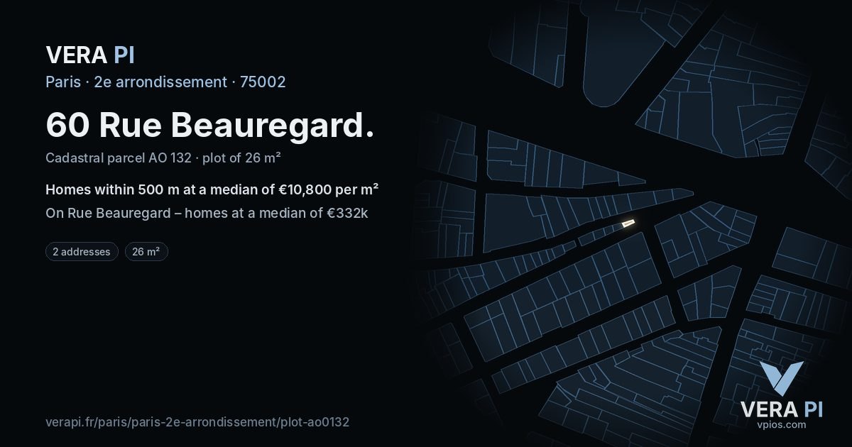 60 Rue Beauregard, 2e arrondissement at night – the plot lit, the parcels around coloured by the prices near them