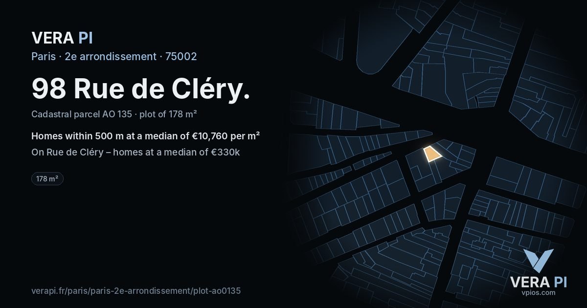 98 Rue de Cléry, 2e arrondissement at night – the plot lit, the parcels around coloured by the prices near them