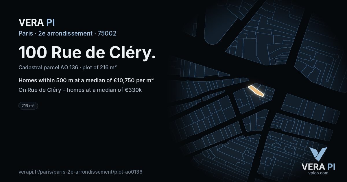 100 Rue de Cléry, 2e arrondissement at night – the plot lit, the parcels around coloured by the prices near them