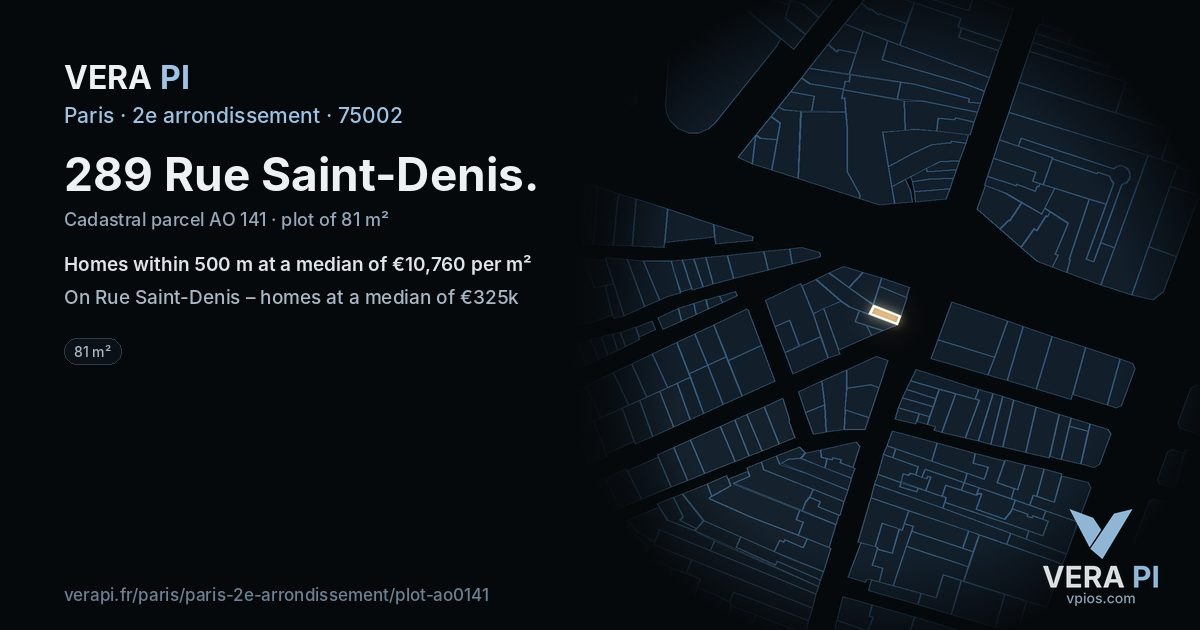 289 Rue Saint-Denis, 2e arrondissement at night – the plot lit, the parcels around coloured by the prices near them