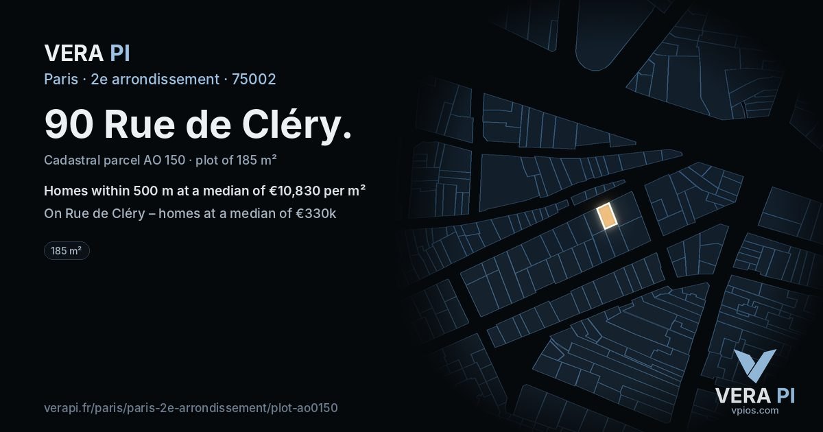 90 Rue de Cléry, 2e arrondissement at night – the plot lit, the parcels around coloured by the prices near them