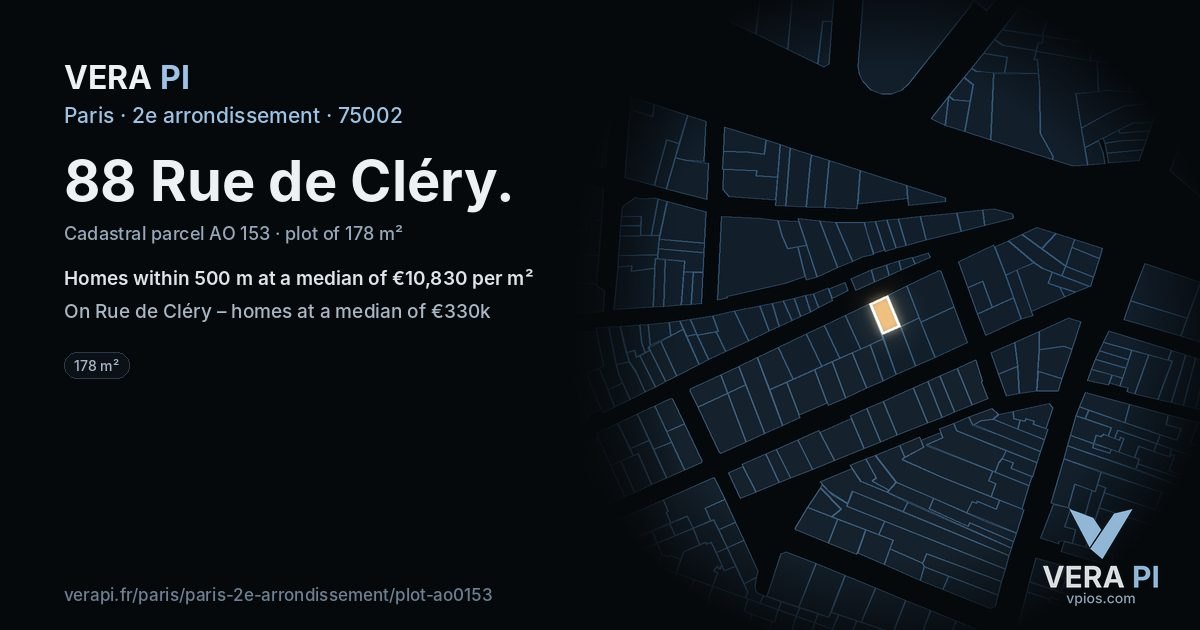 88 Rue de Cléry, 2e arrondissement at night – the plot lit, the parcels around coloured by the prices near them