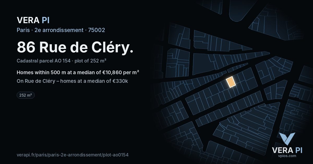 86 Rue de Cléry, 2e arrondissement at night – the plot lit, the parcels around coloured by the prices near them