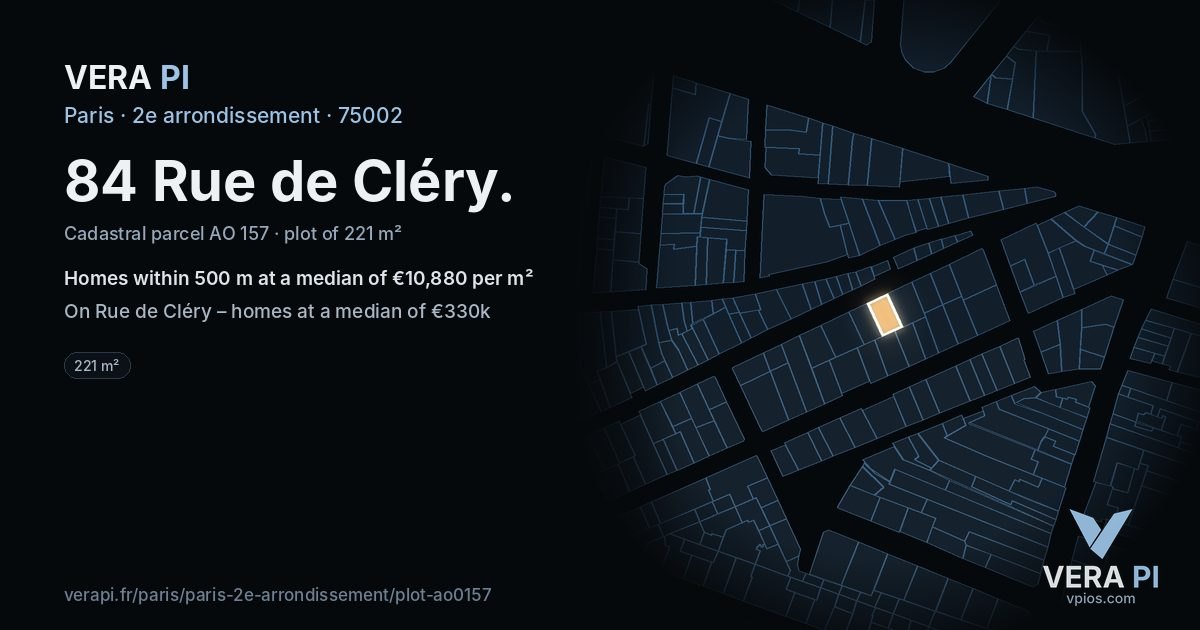 84 Rue de Cléry, 2e arrondissement at night – the plot lit, the parcels around coloured by the prices near them