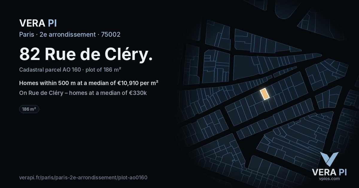 82 Rue de Cléry, 2e arrondissement at night – the plot lit, the parcels around coloured by the prices near them