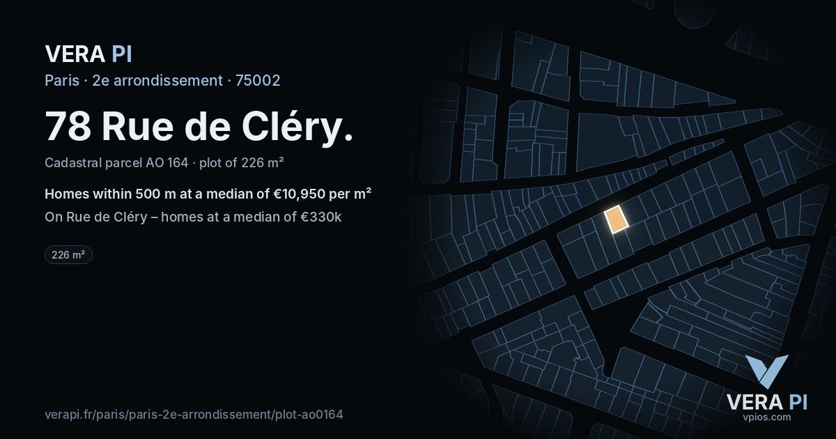 78 Rue de Cléry, 2e arrondissement at night – the plot lit, the parcels around coloured by the prices near them