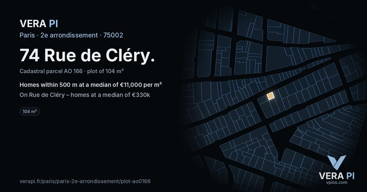 74 Rue de Cléry, 2e arrondissement at night – the plot lit, the parcels around coloured by the prices near them