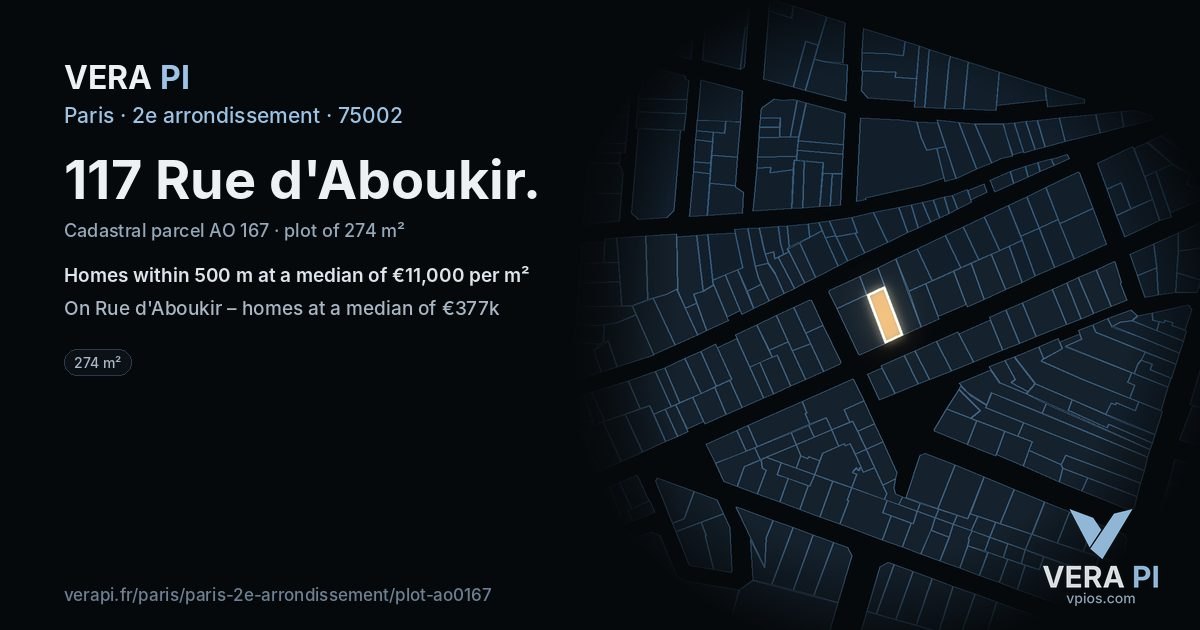 117 Rue d'Aboukir, 2e arrondissement at night – the plot lit, the parcels around coloured by the prices near them