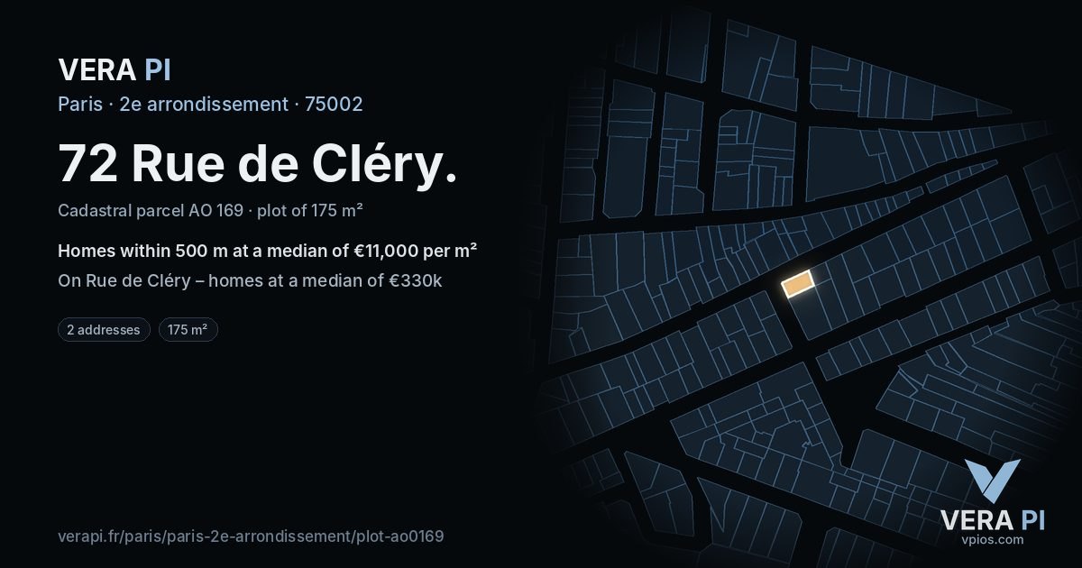 72 Rue de Cléry, 2e arrondissement at night – the plot lit, the parcels around coloured by the prices near them
