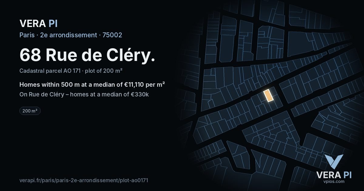 68 Rue de Cléry, 2e arrondissement at night – the plot lit, the parcels around coloured by the prices near them