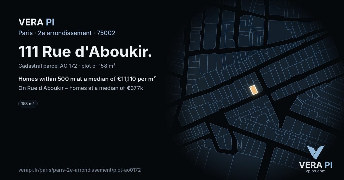 111 Rue d'Aboukir, 2e arrondissement at night – the plot lit, the parcels around coloured by the prices near them