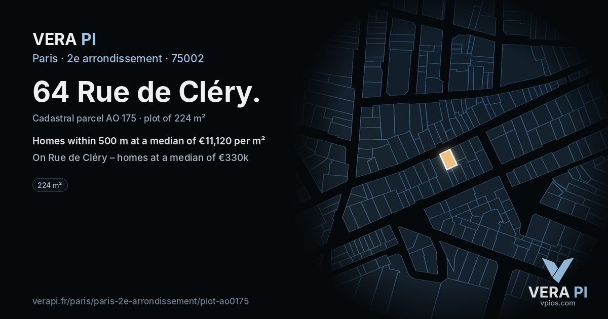 64 Rue de Cléry, 2e arrondissement at night – the plot lit, the parcels around coloured by the prices near them
