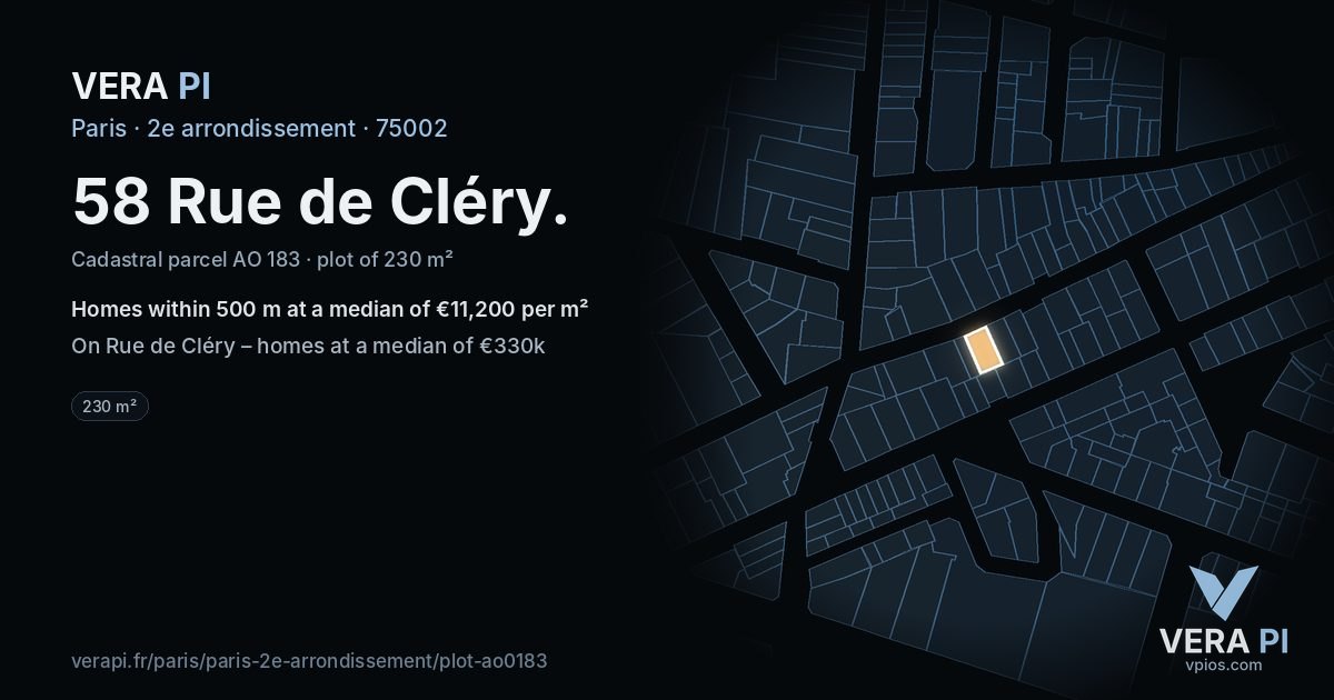 58 Rue de Cléry, 2e arrondissement at night – the plot lit, the parcels around coloured by the prices near them
