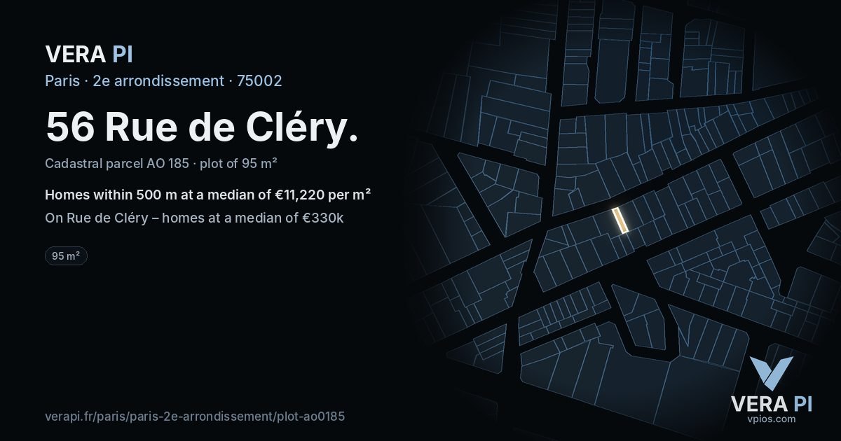 56 Rue de Cléry, 2e arrondissement at night – the plot lit, the parcels around coloured by the prices near them