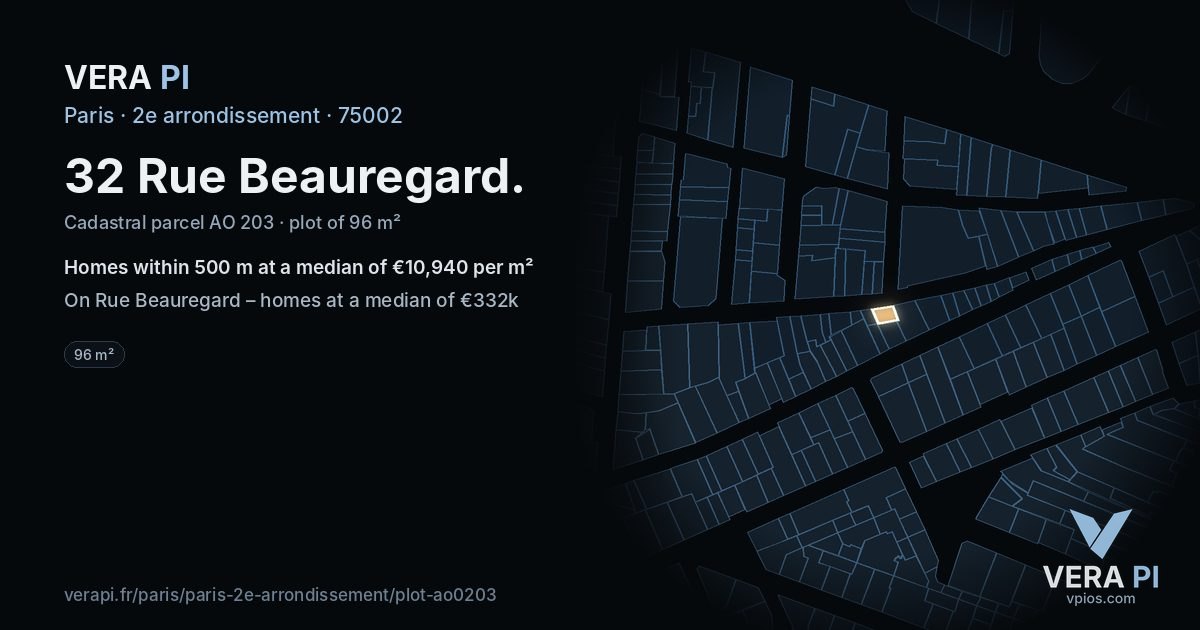 32 Rue Beauregard, 2e arrondissement at night – the plot lit, the parcels around coloured by the prices near them