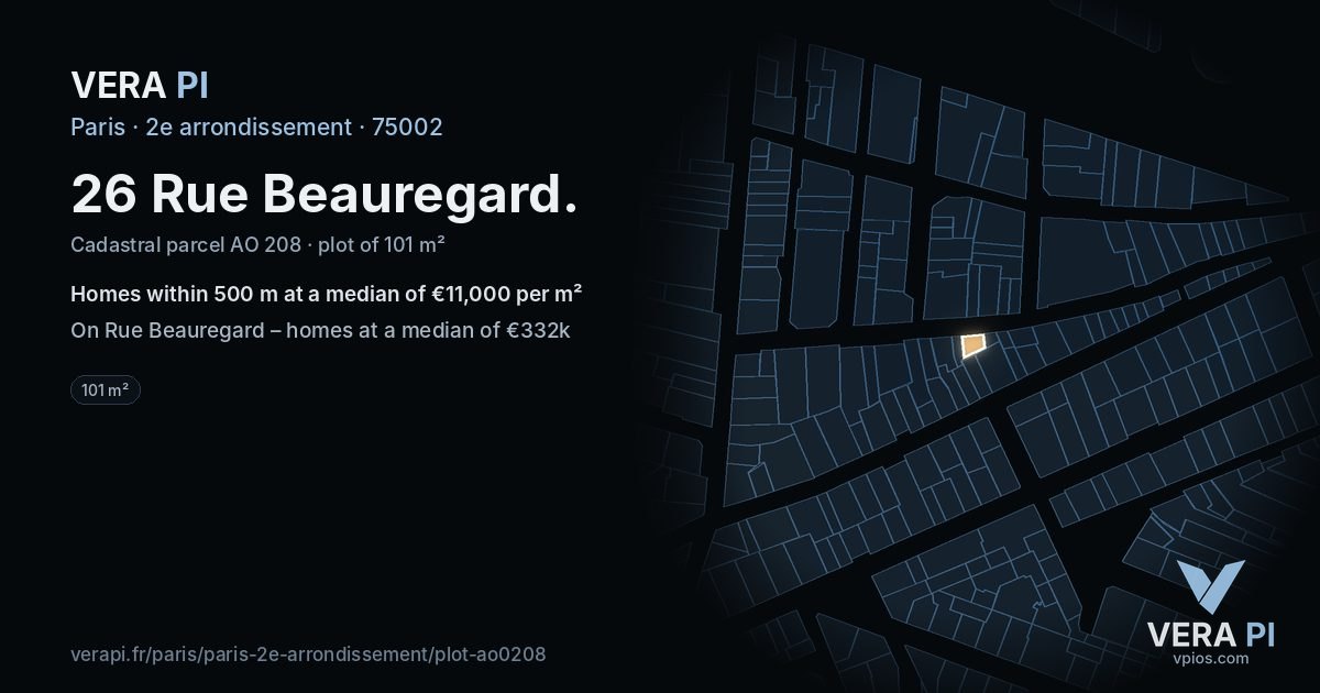 26 Rue Beauregard, 2e arrondissement at night – the plot lit, the parcels around coloured by the prices near them