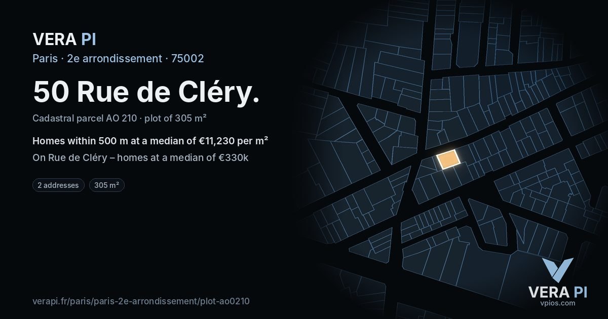 50 Rue de Cléry, 2e arrondissement at night – the plot lit, the parcels around coloured by the prices near them