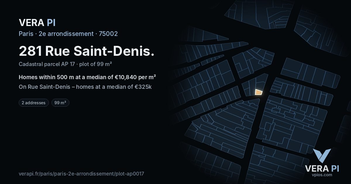 281 Rue Saint-Denis, 2e arrondissement at night – the plot lit, the parcels around coloured by the prices near them